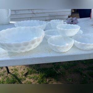 5 vintage Anchor Hocking white milk glass small bowls 2 big and creamer cup